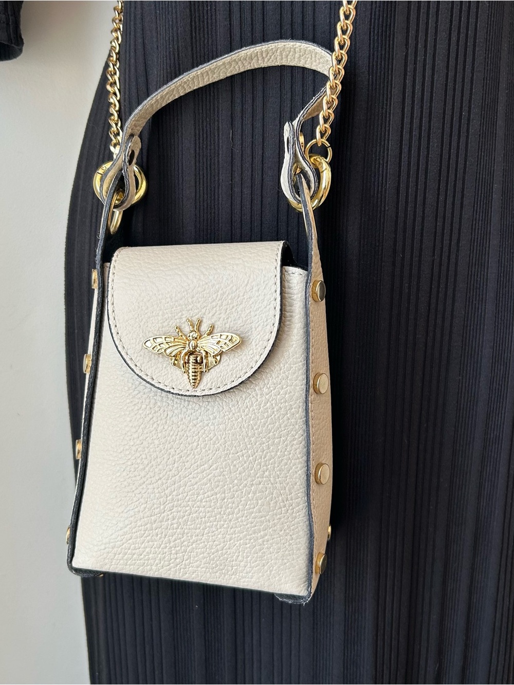 Italian Leather Bee Crossbody Bag with Gold Chain Cottagecore Lux